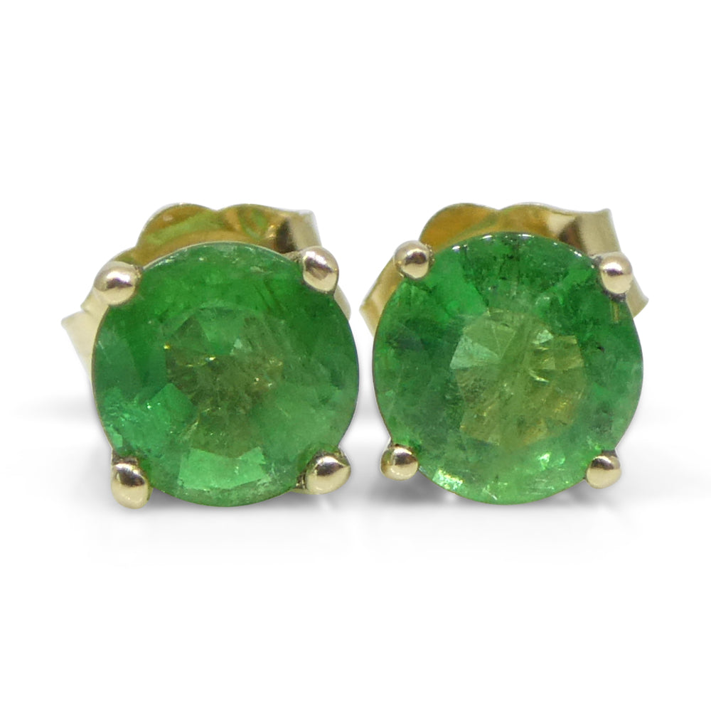 0.87ct Round Green Emerald Stud Earrings set in 14k Yellow Gold - Skyjems Wholesale Gemstones