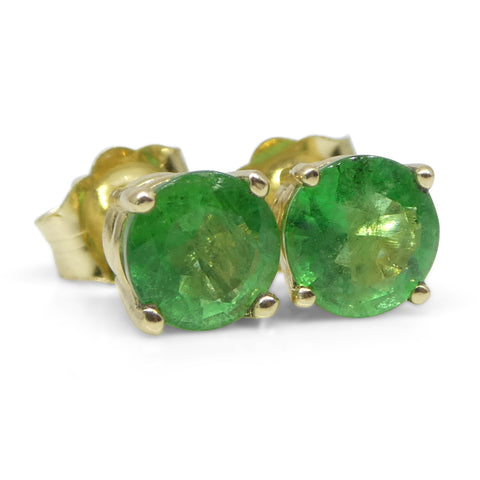 0.87ct Round Green Emerald Stud Earrings set in 14k Yellow Gold