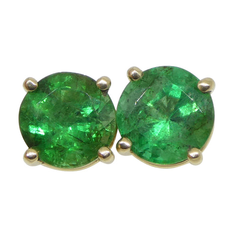 1.07ct Round Green Emerald Stud Earrings set in 14k Yellow Gold