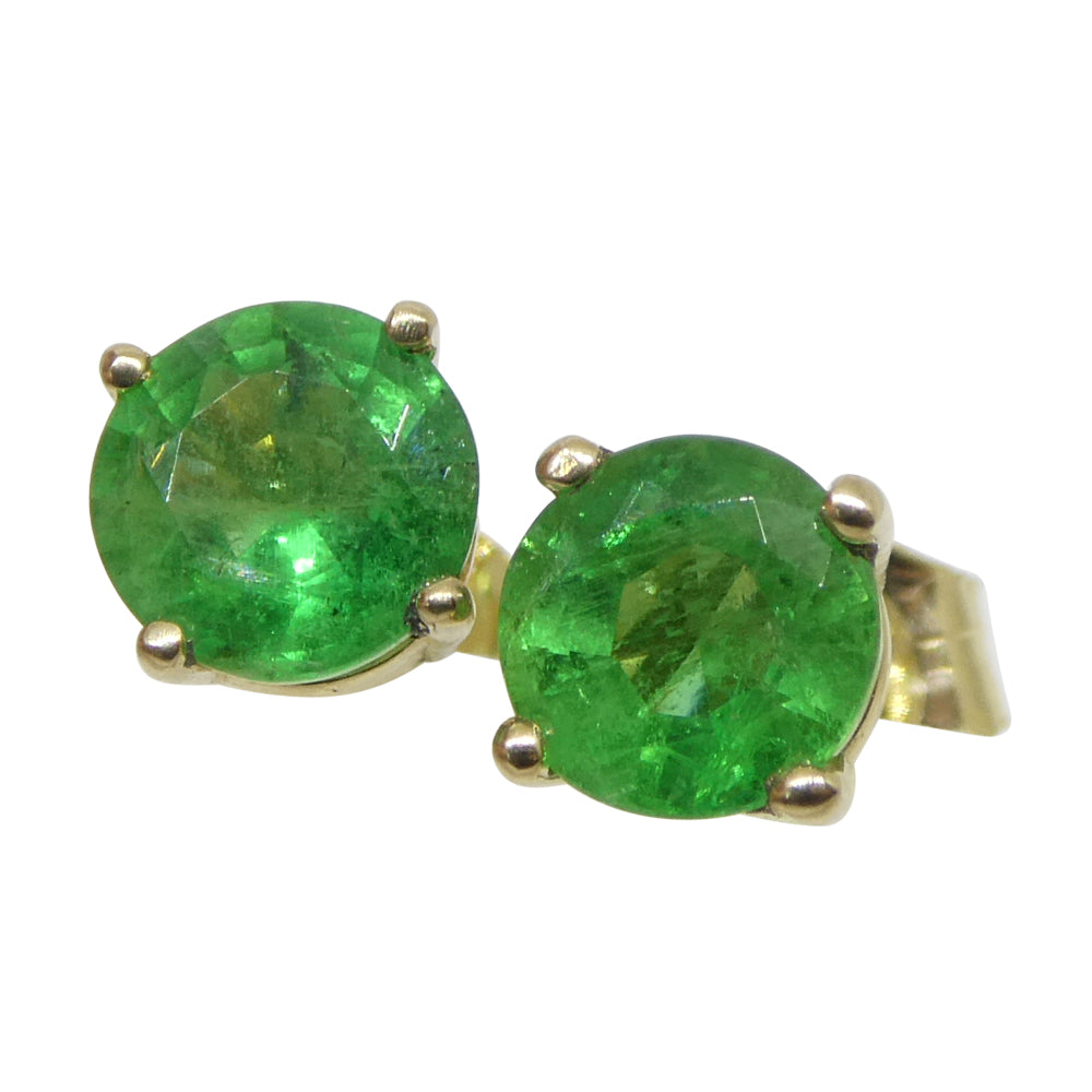 0.87ct Round Green Emerald Stud Earrings set in 14k Yellow Gold - Skyjems Wholesale Gemstones