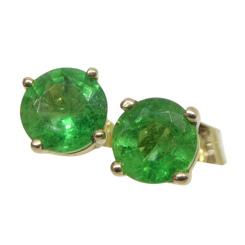 0.87ct Round Green Emerald Stud Earrings set in 14k Yellow Gold