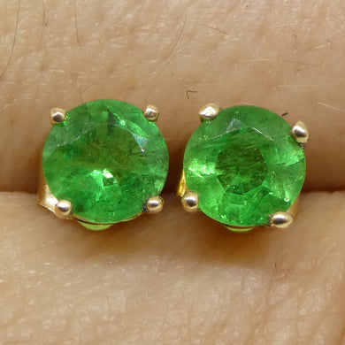 0.87ct Round Green Emerald Stud Earrings set in 14k Yellow Gold - Skyjems Wholesale Gemstones