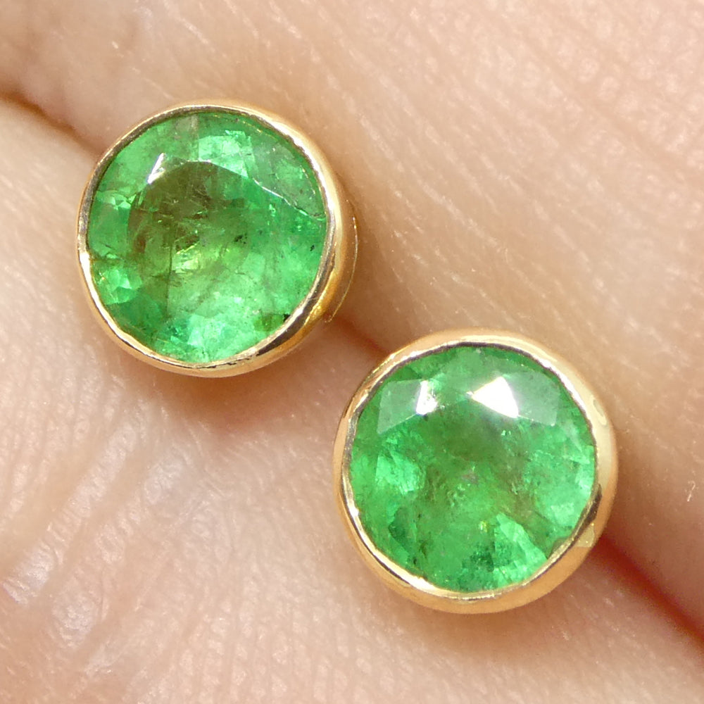 0.83ct Round Green Emerald Stud Earrings set in 14k Yellow Gold - Skyjems Wholesale Gemstones