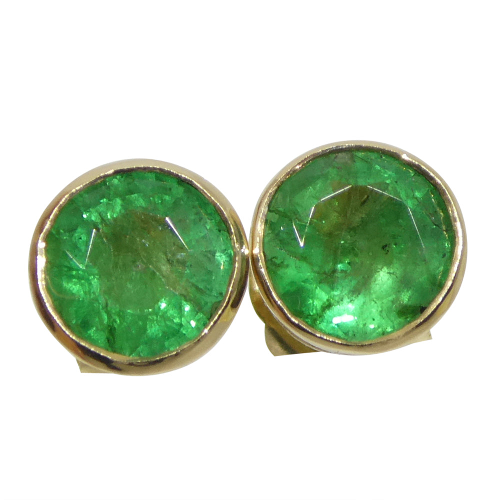 0.83ct Round Green Emerald Stud Earrings set in 14k Yellow Gold - Skyjems Wholesale Gemstones