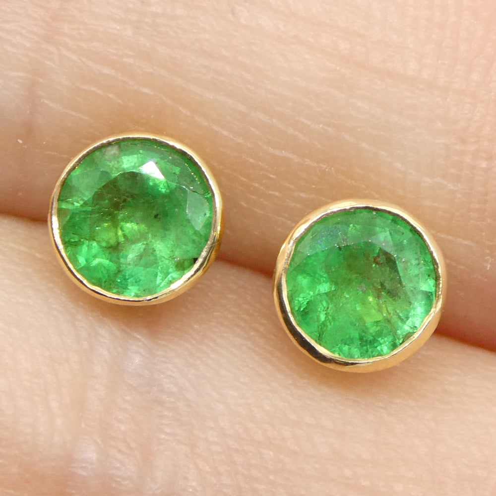 0.83ct Round Green Emerald Stud Earrings set in 14k Yellow Gold - Skyjems Wholesale Gemstones