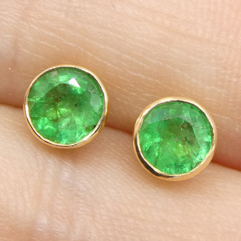 0.83ct Round Green Emerald Stud Earrings set in 14k Yellow Gold