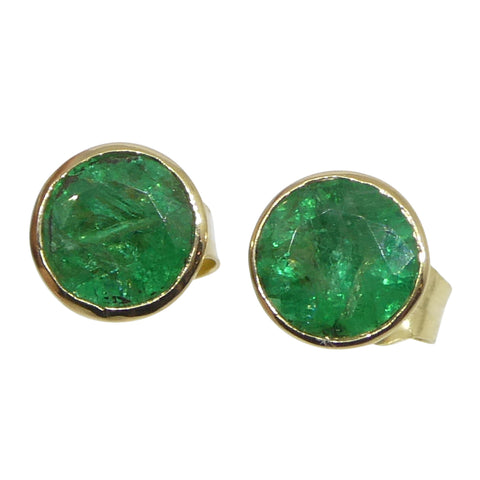 0.60ct Round Green Emerald Stud Earrings set in 14k Yellow Gold