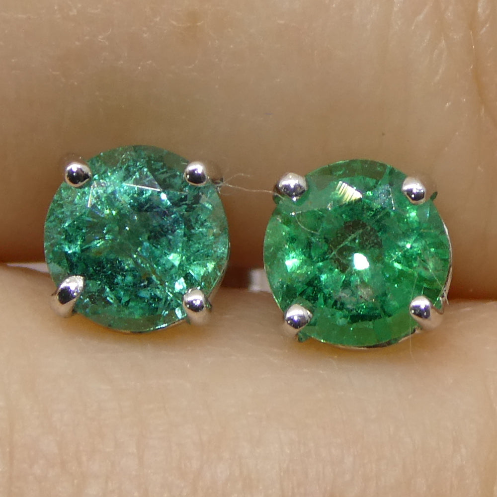 0.73ct Pair Round Green Emerald Stud Earrings set in 14k White Gold - Skyjems Wholesale Gemstones