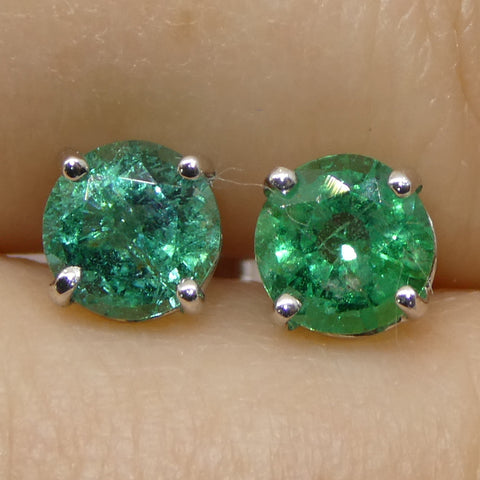 0.73ct Pair Round Green Emerald Stud Earrings set in 14k White Gold