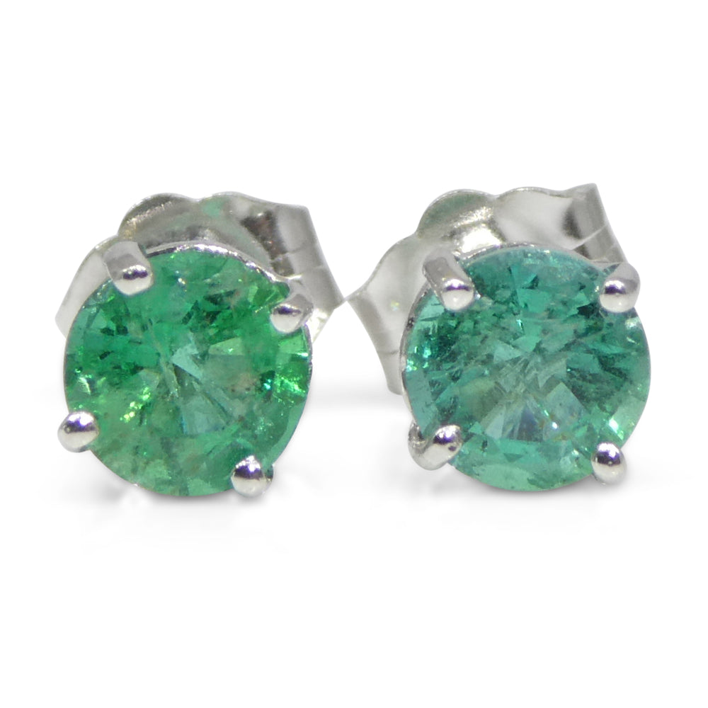 0.73ct Pair Round Green Emerald Stud Earrings set in 14k White Gold - Skyjems Wholesale Gemstones