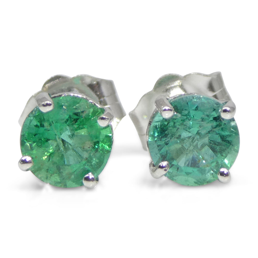 0.73ct Pair Round Green Emerald Stud Earrings set in 14k White Gold - Skyjems Wholesale Gemstones