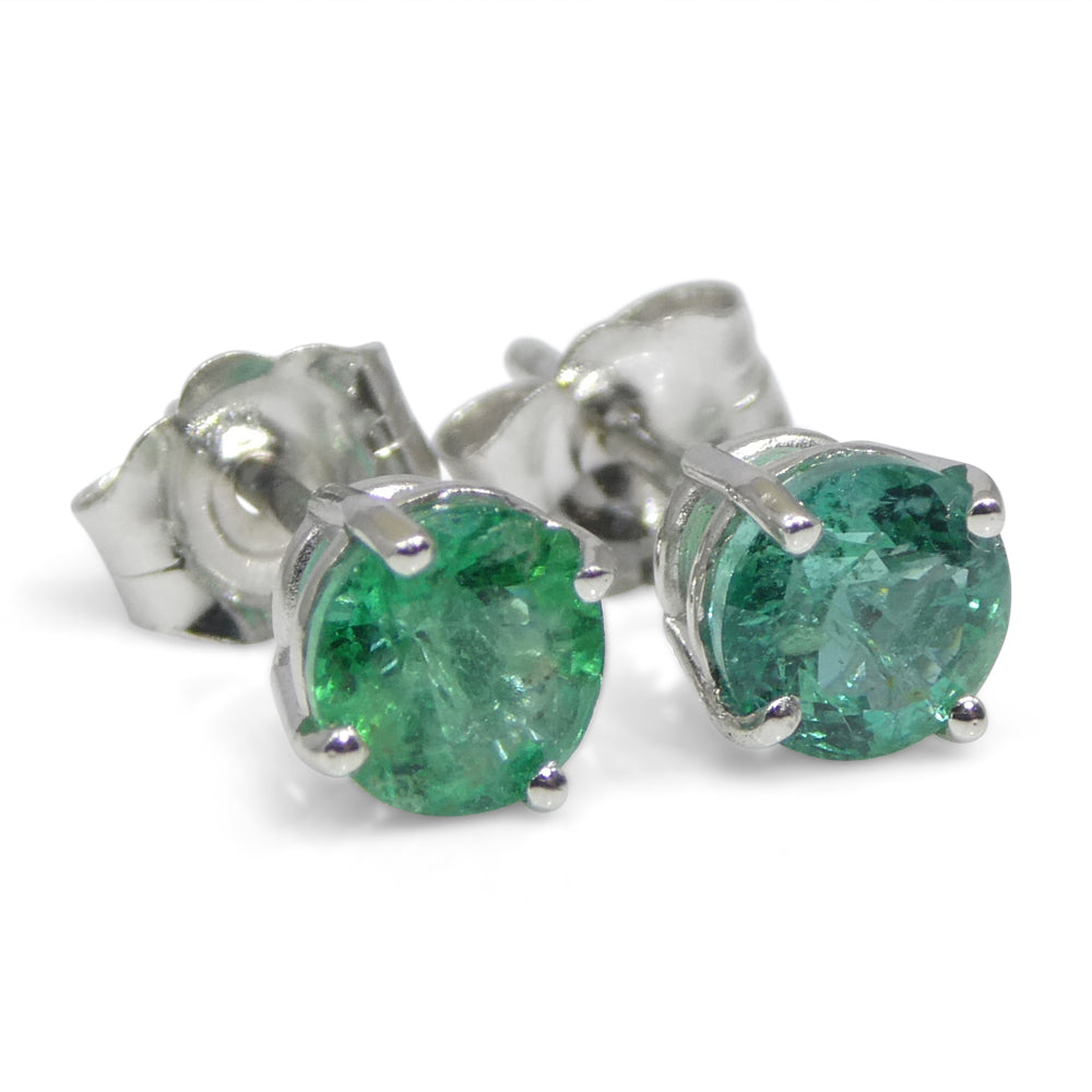 0.73ct Pair Round Green Emerald Stud Earrings set in 14k White Gold - Skyjems Wholesale Gemstones