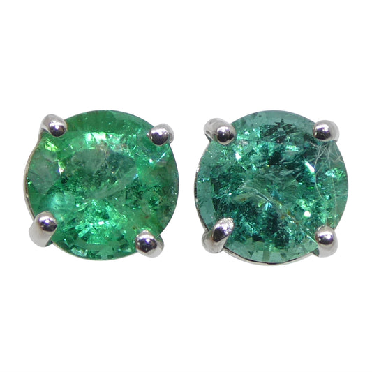 0.73ct Pair Round Green Emerald Stud Earrings set in 14k White Gold - Skyjems Wholesale Gemstones