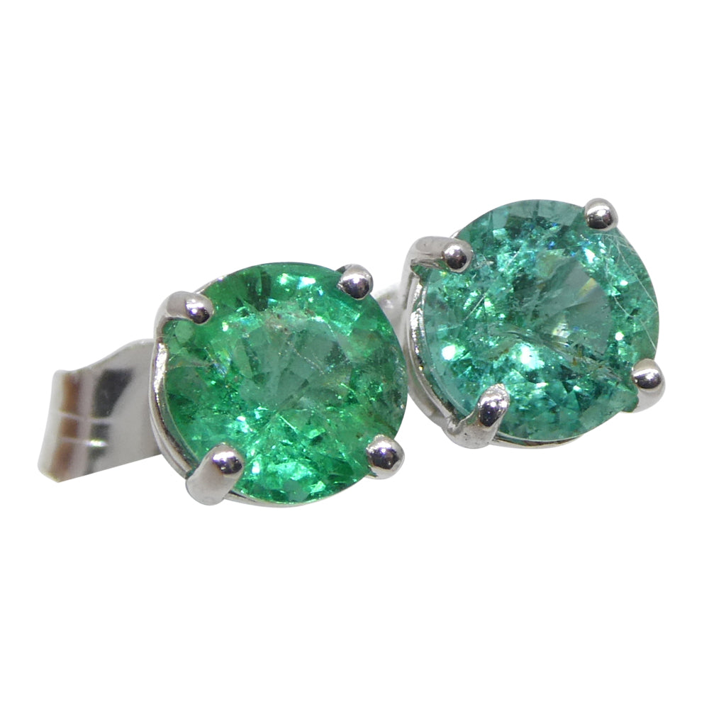 0.73ct Pair Round Green Emerald Stud Earrings set in 14k White Gold - Skyjems Wholesale Gemstones