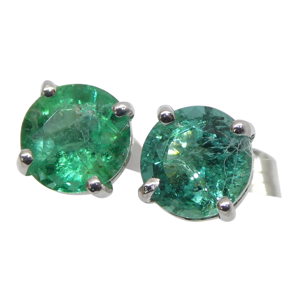 0.73ct Pair Round Green Emerald Stud Earrings set in 14k White Gold - Skyjems Wholesale Gemstones