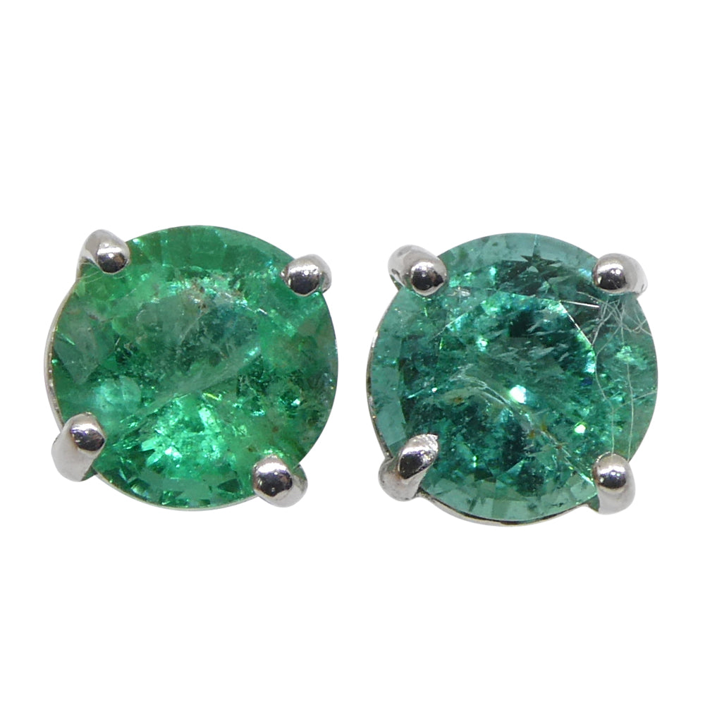 0.73ct Pair Round Green Emerald Stud Earrings set in 14k White Gold - Skyjems Wholesale Gemstones