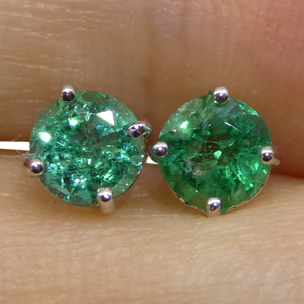 0.73ct Pair Round Green Emerald Stud Earrings set in 14k White Gold - Skyjems Wholesale Gemstones