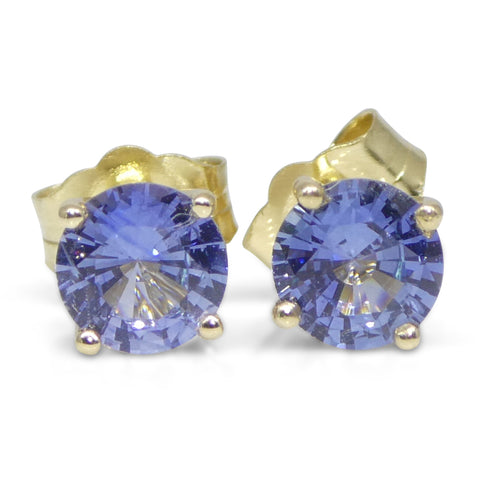 0.79ct Pair Round Blue Sapphire Stud Earrings set in 14k Yellow Gold