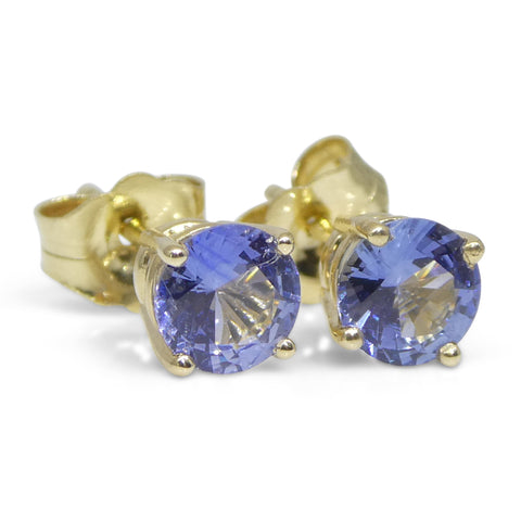 0.79ct Pair Round Blue Sapphire Stud Earrings set in 14k Yellow Gold