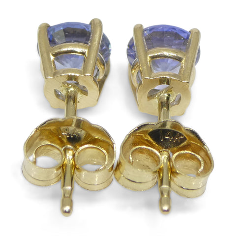 0.79ct Pair Round Blue Sapphire Stud Earrings set in 14k Yellow Gold