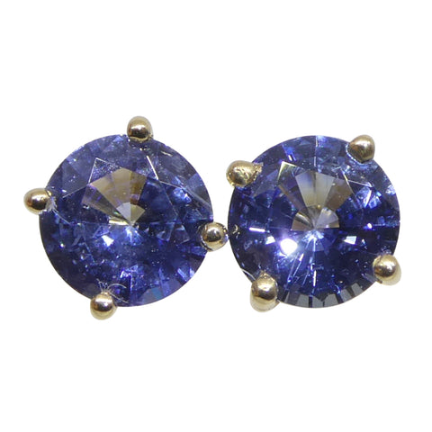 0.79ct Pair Round Blue Sapphire Stud Earrings set in 14k Yellow Gold