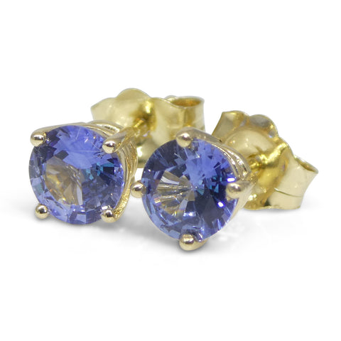 0.79ct Pair Round Blue Sapphire Stud Earrings set in 14k Yellow Gold