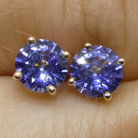 0.79ct Pair Round Blue Sapphire Stud Earrings set in 14k Yellow Gold