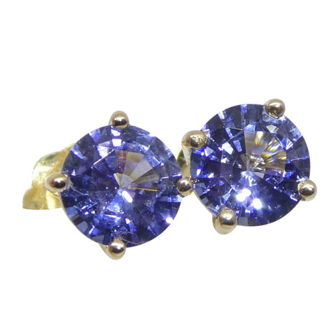 0.79ct Pair Round Blue Sapphire Stud Earrings set in 14k Yellow Gold