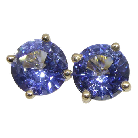 0.79ct Pair Round Blue Sapphire Stud Earrings set in 14k Yellow Gold