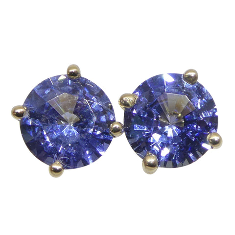 0.79ct Pair Round Blue Sapphire Stud Earrings set in 14k Yellow Gold