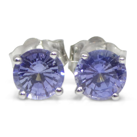 0.89ct Pair Round Blue Sapphire Stud Earrings set in 14k White Gold