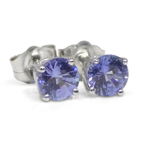 0.89ct Pair Round Blue Sapphire Stud Earrings set in 14k White Gold