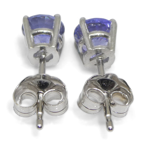 0.89ct Pair Round Blue Sapphire Stud Earrings set in 14k White Gold