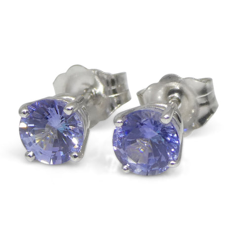 0.89ct Pair Round Blue Sapphire Stud Earrings set in 14k White Gold