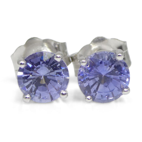 0.89ct Pair Round Blue Sapphire Stud Earrings set in 14k White Gold