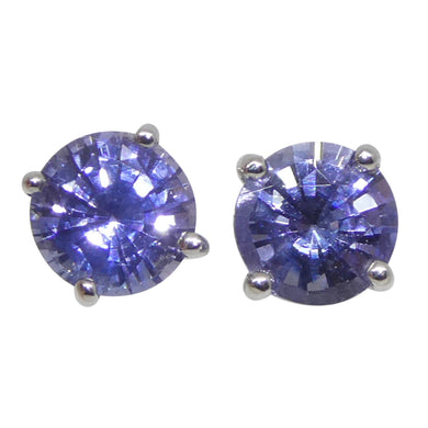 0.89ct Pair Round Blue Sapphire Stud Earrings set in 14k White Gold