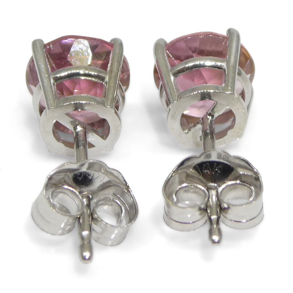 1.74ct Pair Round Pink Tourmaline Stud Earrings set in 14k White Gold - Skyjems Wholesale Gemstones