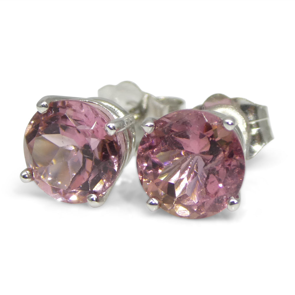 1.74ct Pair Round Pink Tourmaline Stud Earrings set in 14k White Gold - Skyjems Wholesale Gemstones