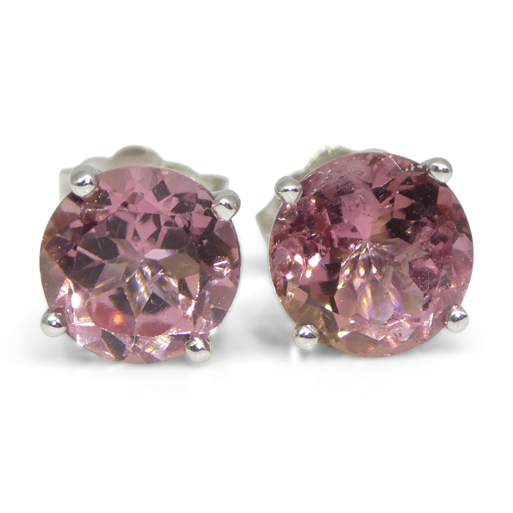 1.74ct Pair Round Pink Tourmaline Stud Earrings set in 14k White Gold - Skyjems Wholesale Gemstones