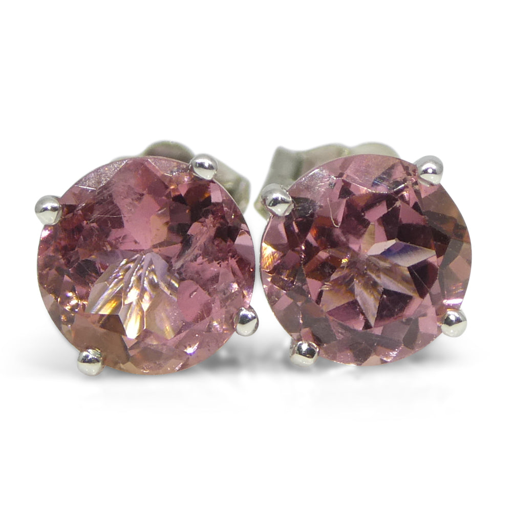 1.74ct Pair Round Pink Tourmaline Stud Earrings set in 14k White Gold - Skyjems Wholesale Gemstones