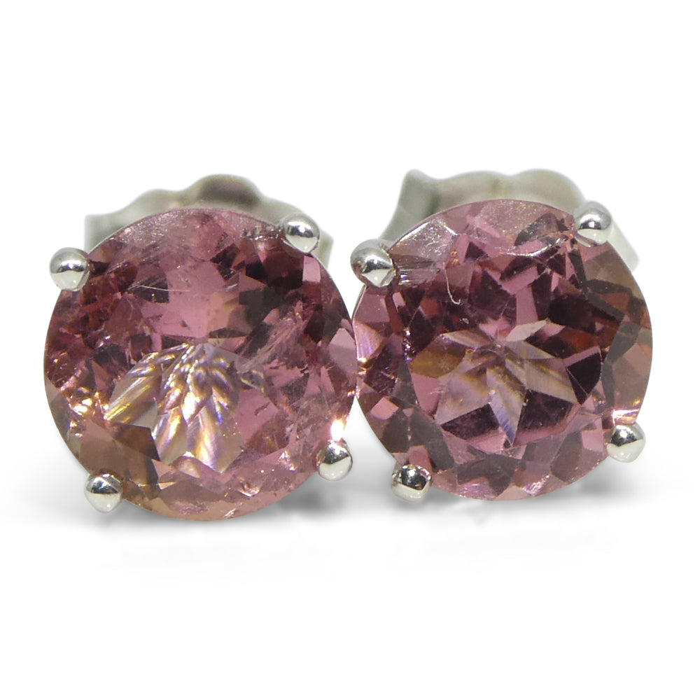 1.74ct Pair Round Pink Tourmaline Stud Earrings set in 14k White Gold - Skyjems Wholesale Gemstones