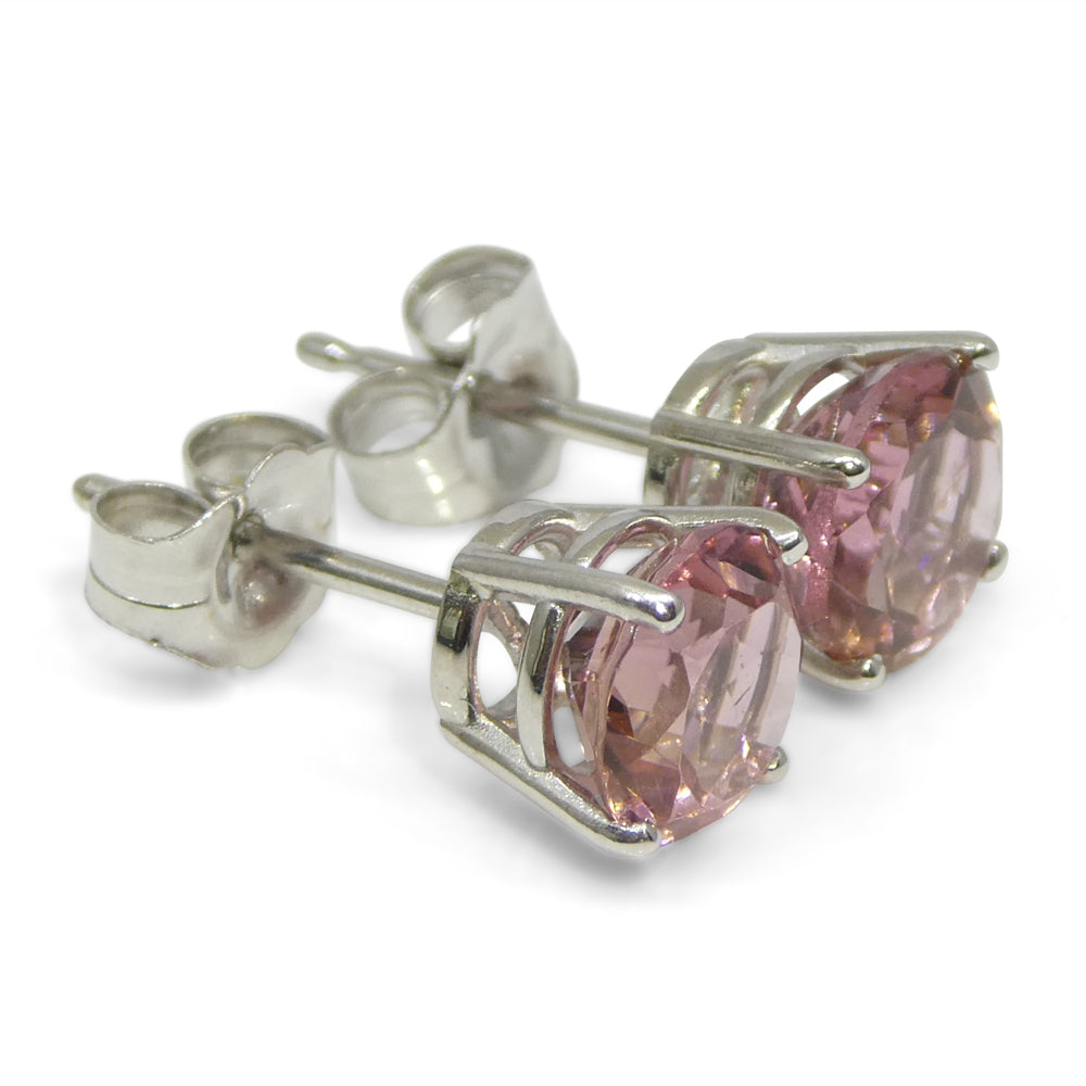 1.74ct Pair Round Pink Tourmaline Stud Earrings set in 14k White Gold - Skyjems Wholesale Gemstones