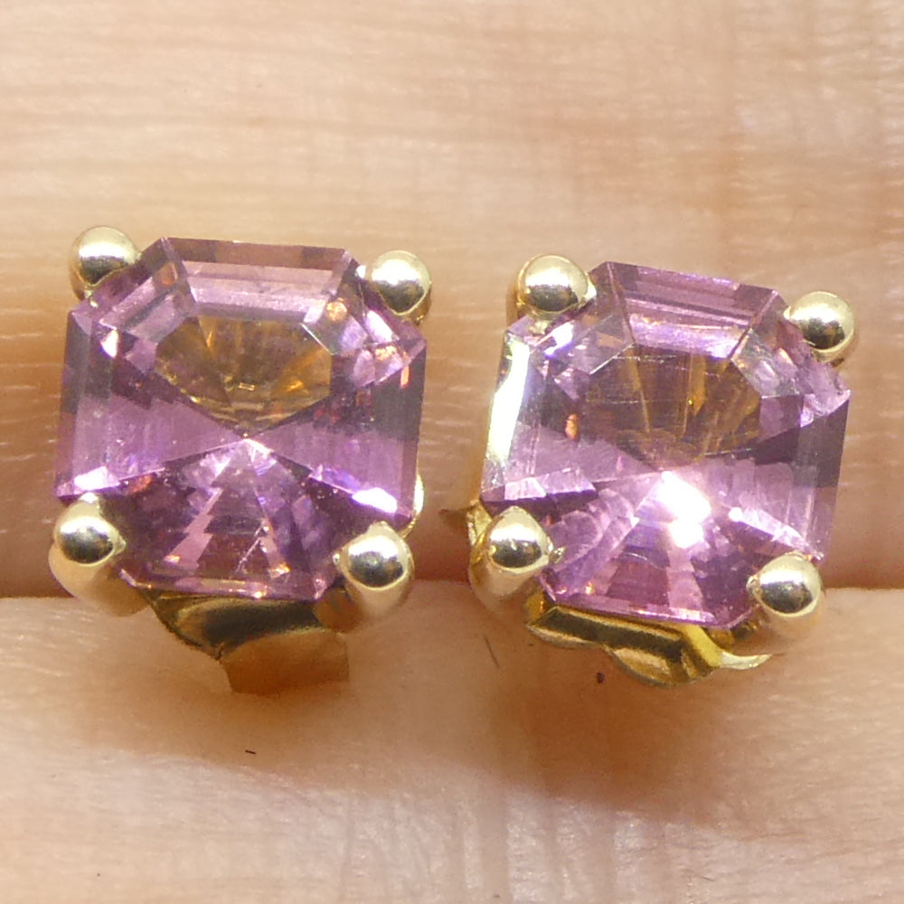 1.20ct Pair Assher Cut Pink Tourmaline Stud Earrings set in 14k Yellow Gold