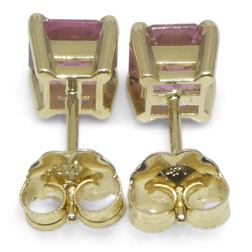 1.20ct Pair Assher Cut Pink Tourmaline Stud Earrings set in 14k Yellow Gold