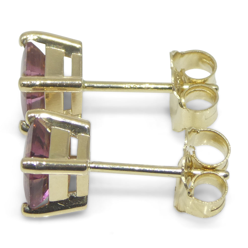 1.20ct Pair Assher Cut Pink Tourmaline Stud Earrings set in 14k Yellow Gold