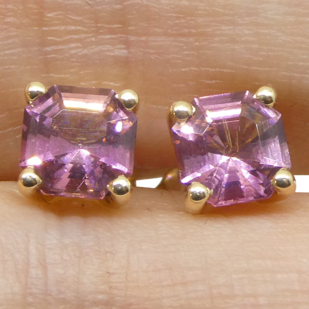 1.20ct Pair Assher Cut Pink Tourmaline Stud Earrings set in 14k Yellow Gold