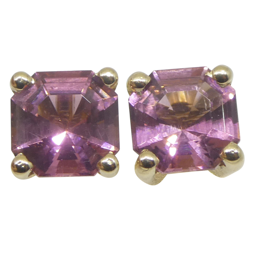 1.20ct Pair Assher Cut Pink Tourmaline Stud Earrings set in 14k Yellow Gold