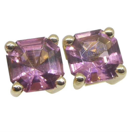 1.20ct Pair Assher Cut Pink Tourmaline Stud Earrings set in 14k Yellow Gold