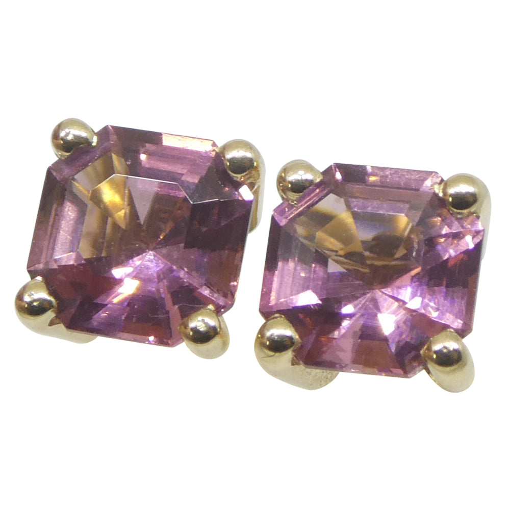 1.20ct Pair Assher Cut Pink Tourmaline Stud Earrings set in 14k Yellow Gold