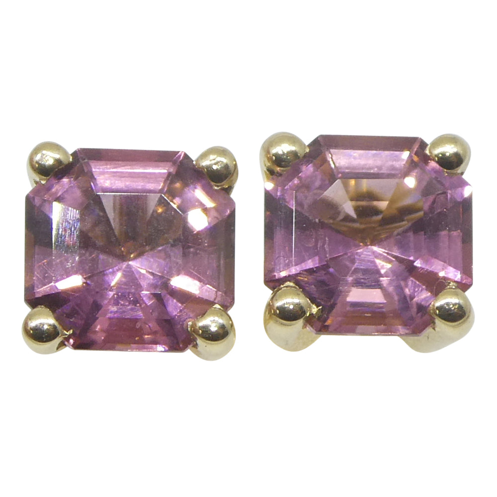 1.20ct Pair Assher Cut Pink Tourmaline Stud Earrings set in 14k Yellow Gold